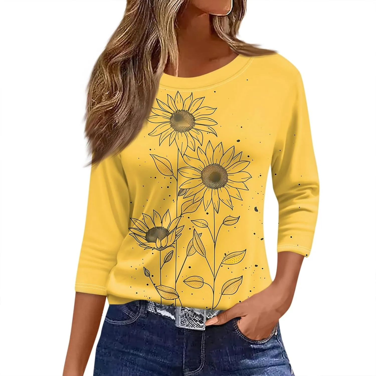 3/4 Sleeve Blouses Plus Size Tops for Women Graphic T Shirts Crewneck Casual Summer Shirts Loose Fit Blouses