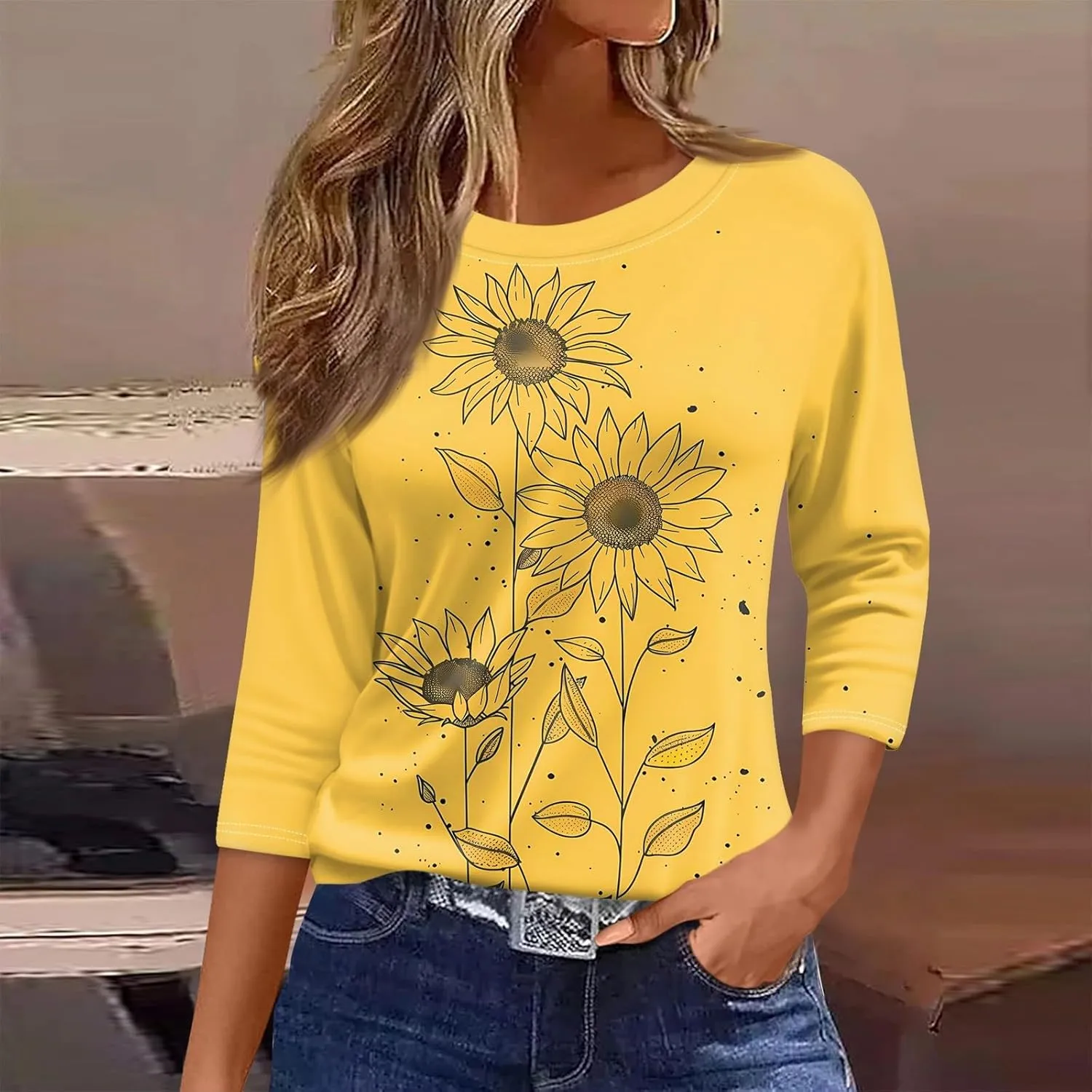 3/4 Sleeve Blouses Plus Size Tops for Women Graphic T Shirts Crewneck Casual Summer Shirts Loose Fit Blouses