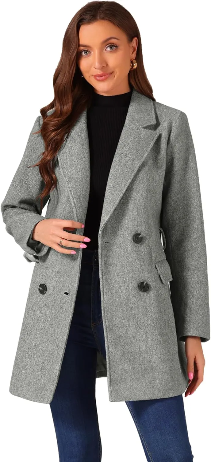 Allegra K Women's Notch Lapel Double Breasted Belted Mid Long Outwear Winter Coat