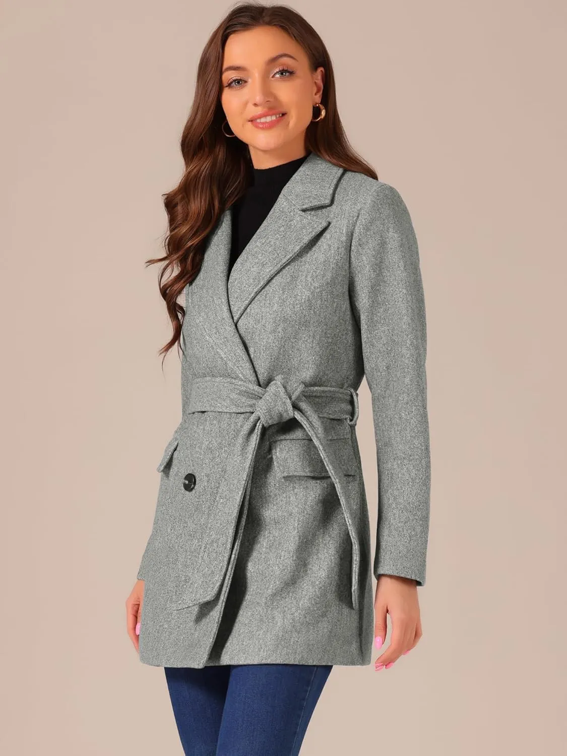Allegra K Women's Notch Lapel Double Breasted Belted Mid Long Outwear Winter Coat