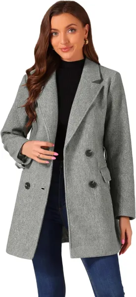 Allegra K Women's Notch Lapel Double Breasted Belted Mid Long Outwear Winter Coat