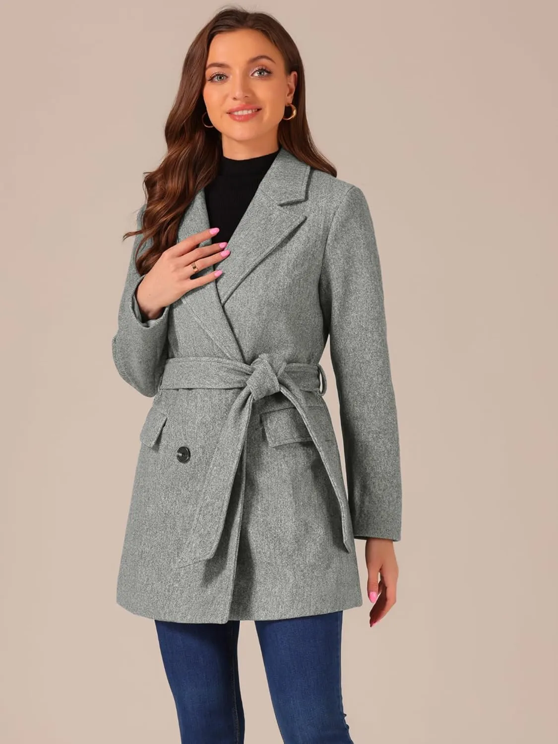 Allegra K Women's Notch Lapel Double Breasted Belted Mid Long Outwear Winter Coat