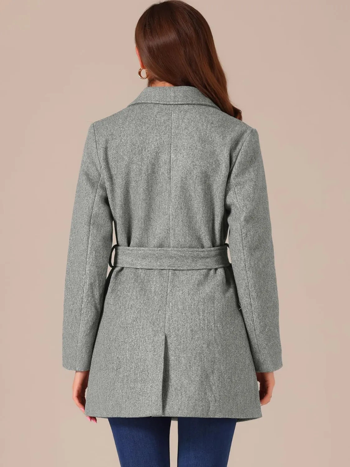 Allegra K Women's Notch Lapel Double Breasted Belted Mid Long Outwear Winter Coat