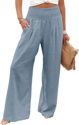 Angerella Womens Elastic High Waisted Palazzo Pants Casual Wide Leg Long Lounge Pant Trousers with Pocket