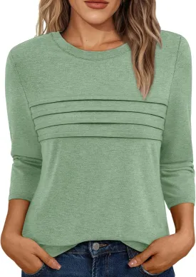 AUTOMET Women's 3/4 Length Sleeve Tops Crew Neck Casual Tunics Dressy Pleated T Shirts Summer Blouses 2025