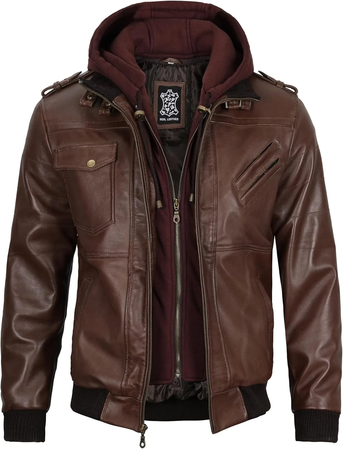 Blingsoul Leather Bomber Jackets For Men - Real Lambskin Mens Leather Jacket With Hood