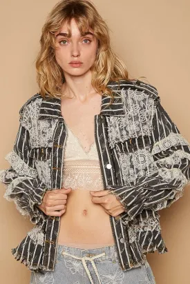 Blue Zone Planet |  POL Raw Hem Lace Patch Flounce Sleeve Jacket
