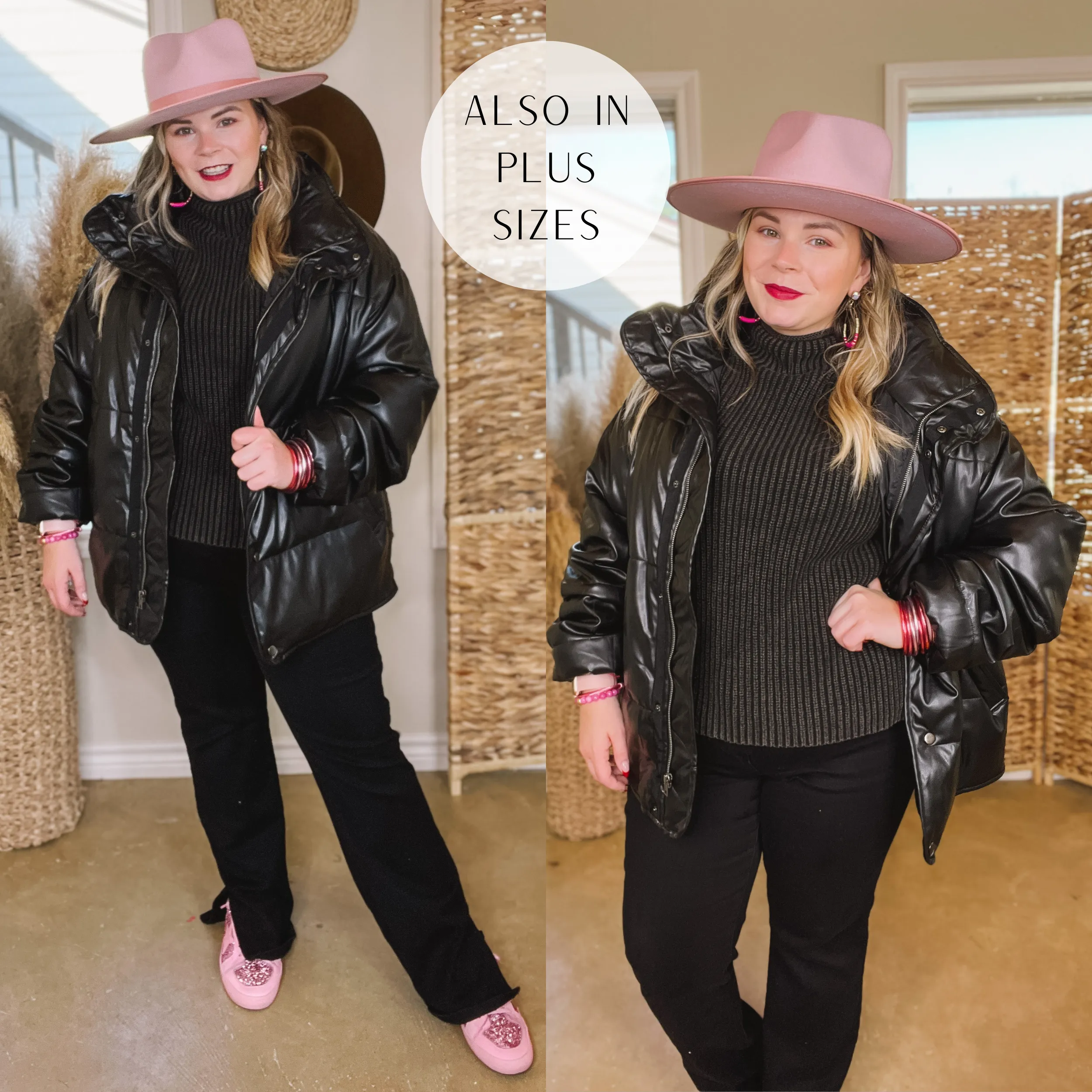 Boston Chill Button and Zip Up Faux Leather Puffer in Black