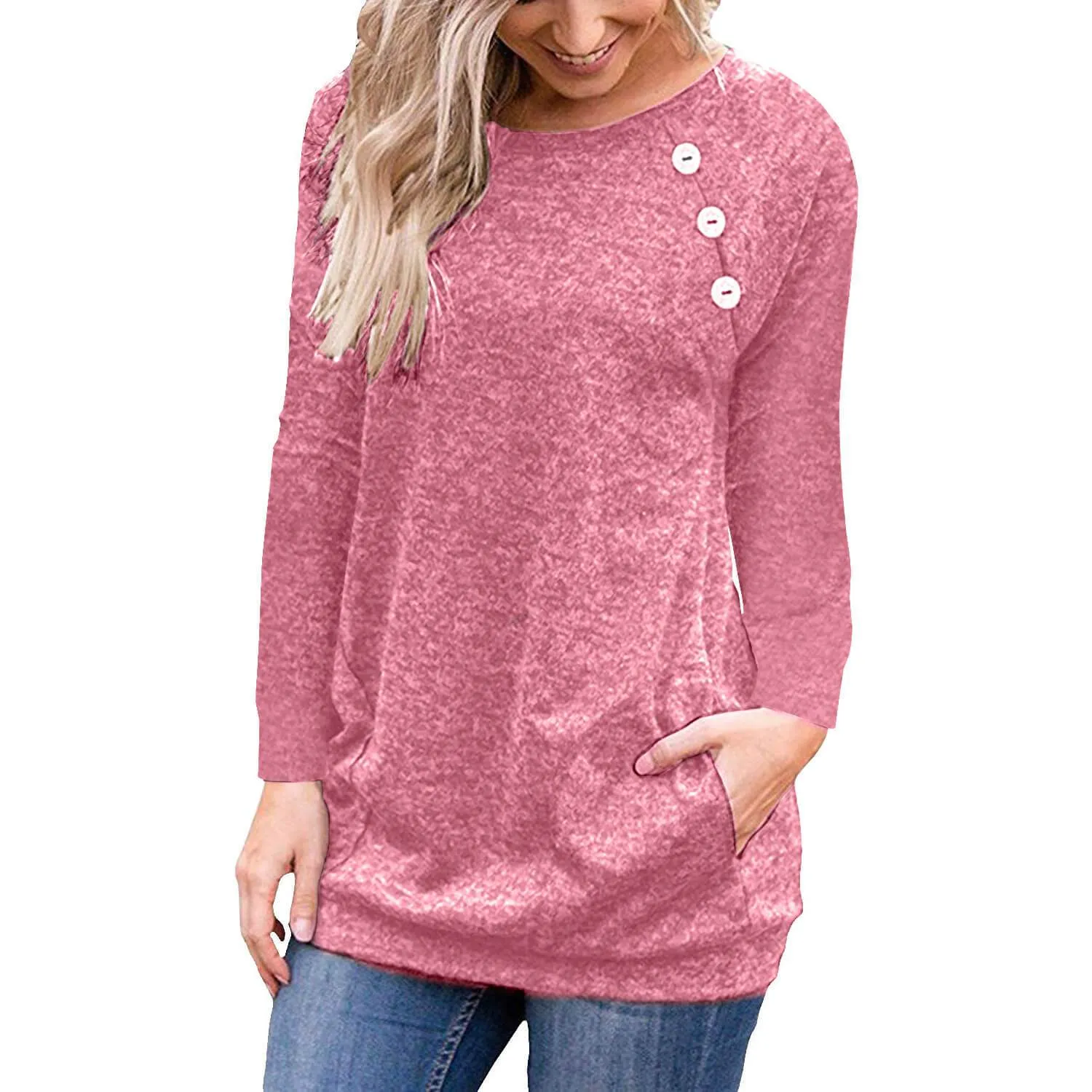 Button Scoop Long Sleeves Pockets T-shirt