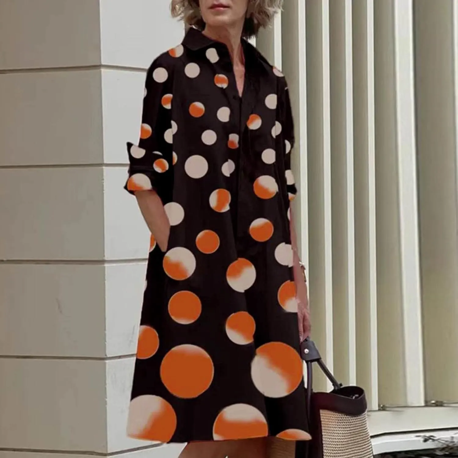 Ceboyel Shirt Dresses for Women 2023 Polka Dot Midi Dress Long Sleeve Button Down Dress Dressy Casual Ladies Clothing