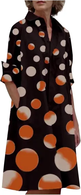 Ceboyel Shirt Dresses for Women 2023 Polka Dot Midi Dress Long Sleeve Button Down Dress Dressy Casual Ladies Clothing