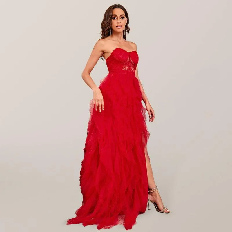 Chic Plus Size Lace Mesh Strapless Dress - Perfect for Spring/Summer Elegance