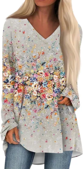 COTECRAM Women Long Sleeve Shirts V Neck Long Loose Fit Tunic Tops Casual Spring Fashion Outfits Trendy Clothes 2025