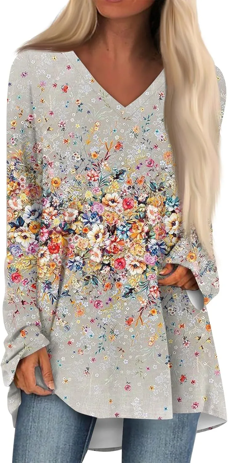 COTECRAM Women Long Sleeve Shirts V Neck Long Loose Fit Tunic Tops Casual Spring Fashion Outfits Trendy Clothes 2025