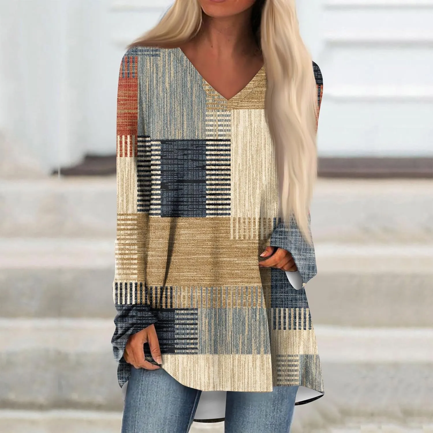 COTECRAM Women Long Sleeve Shirts V Neck Long Loose Fit Tunic Tops Casual Spring Fashion Outfits Trendy Clothes 2025