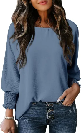Dokotoo Women Blouses Dressy Casual Boat Neck 3/4 Length Sleeve Womens Tops with Smocked Cuff