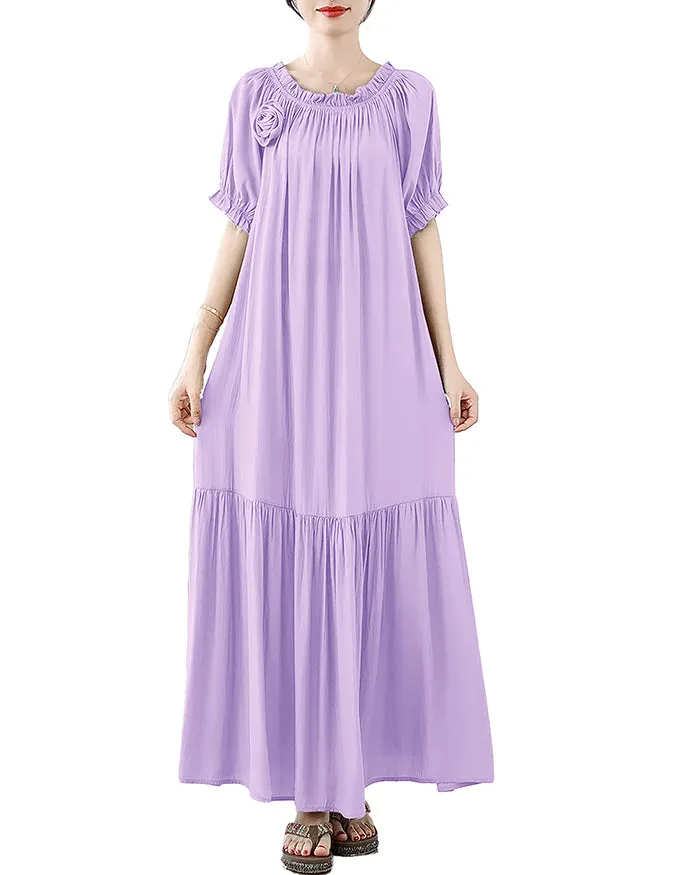ellazhu Women's Dress Short Sleeve Crewneck Patchwork Solid Color Drawstring Flower Flowy Hem GA2759