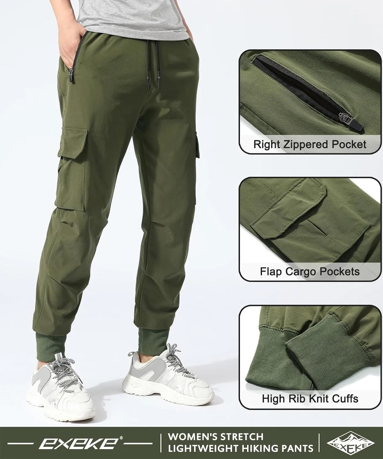 EXEKE Women's Lightweight Hiking Pants Quick Dry Tapered Cargo Joggers Stretch Workout Lounge Pants with Zipper Pockets