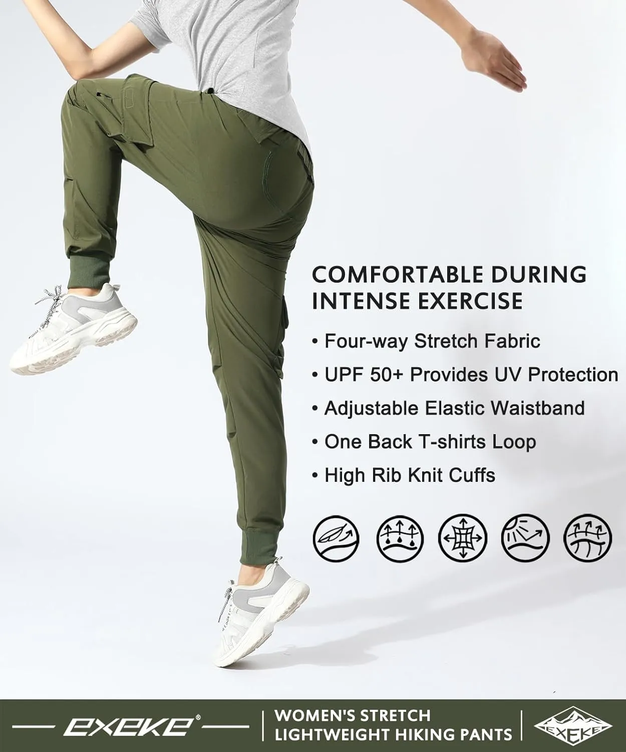 EXEKE Women's Lightweight Hiking Pants Quick Dry Tapered Cargo Joggers Stretch Workout Lounge Pants with Zipper Pockets
