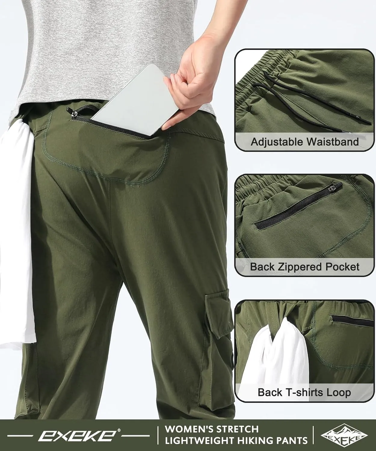 EXEKE Women's Lightweight Hiking Pants Quick Dry Tapered Cargo Joggers Stretch Workout Lounge Pants with Zipper Pockets
