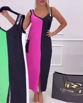 Fashionable Contrast Color Slit Dress