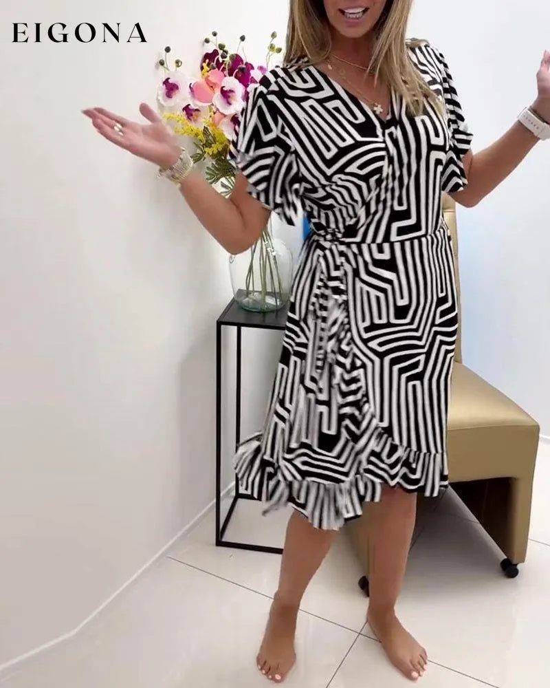 Fashionable geometric print V-neck ruffle dress