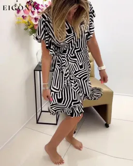 Fashionable geometric print V-neck ruffle dress