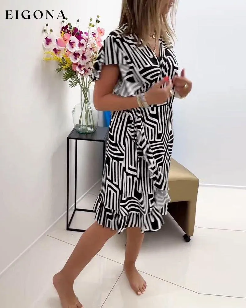 Fashionable geometric print V-neck ruffle dress