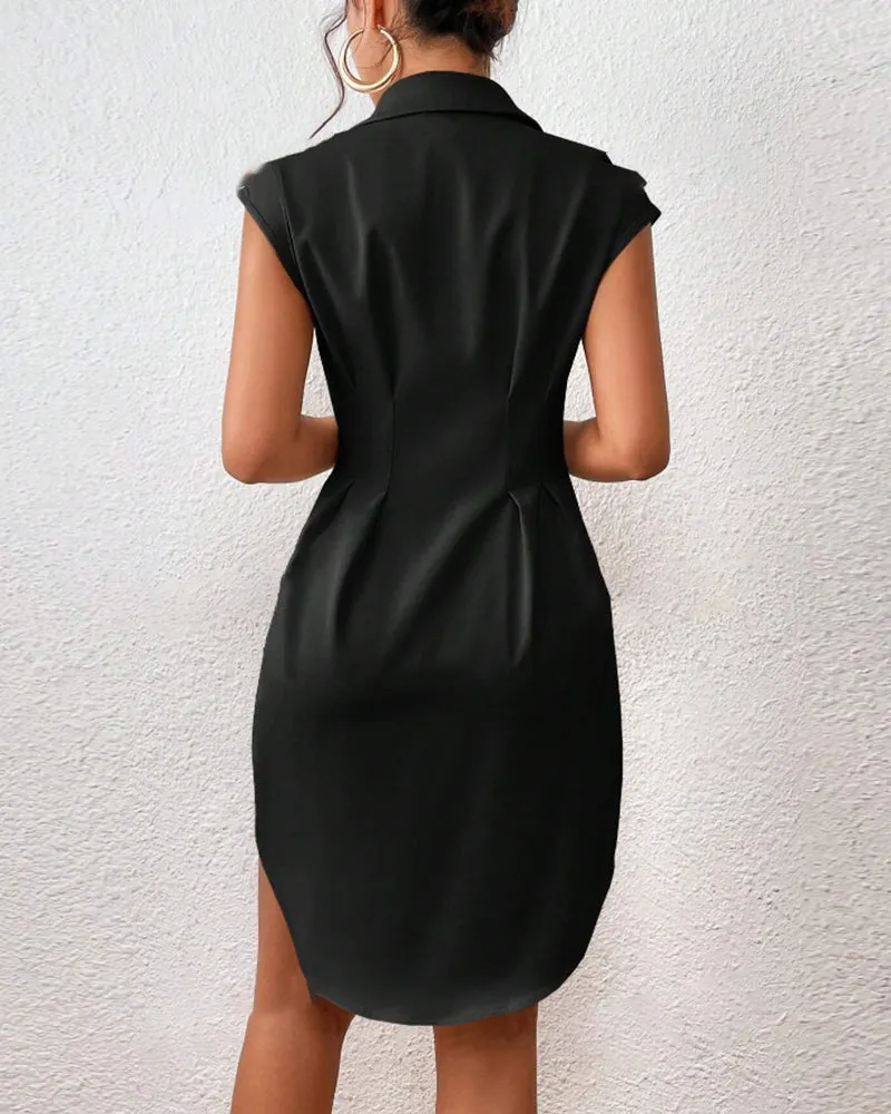 Fashionable solid color lapel button waist dress