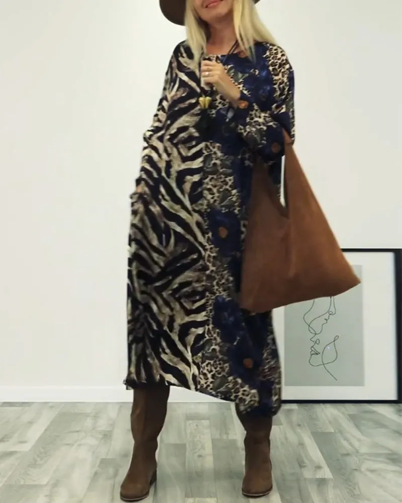 Fashionable zebra and leopard print patchwork dress