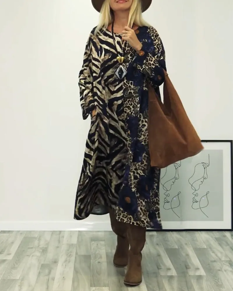 Fashionable zebra and leopard print patchwork dress