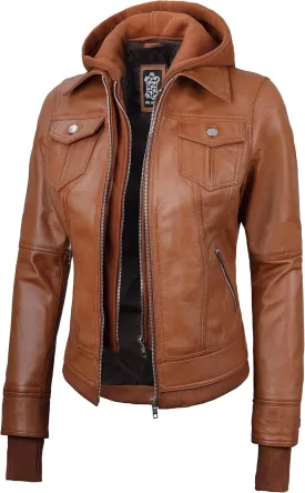 fjackets Leather Jackets For Women - Removable Hood & Bomber Real Lambskin Leather Jacket Womens