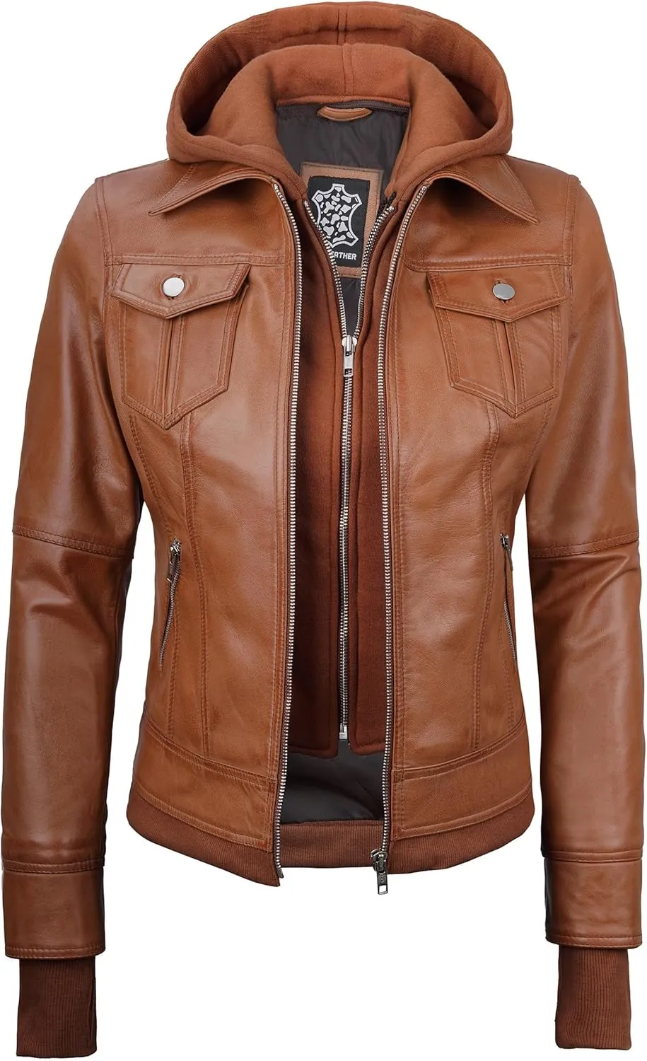 fjackets Leather Jackets For Women - Removable Hood & Bomber Real Lambskin Leather Jacket Womens