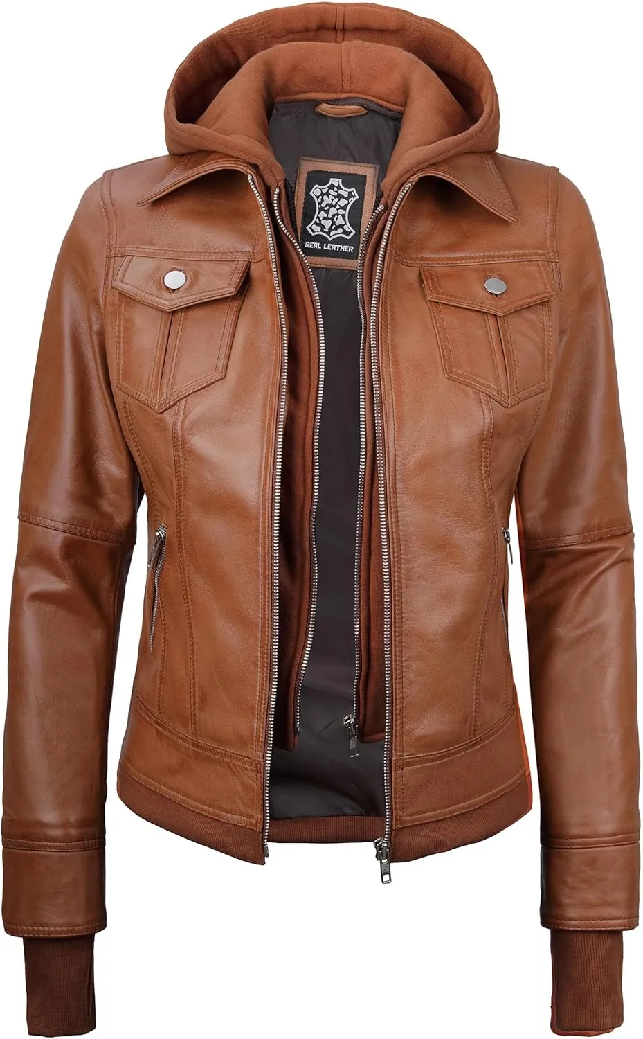 fjackets Leather Jackets For Women - Removable Hood & Bomber Real Lambskin Leather Jacket Womens