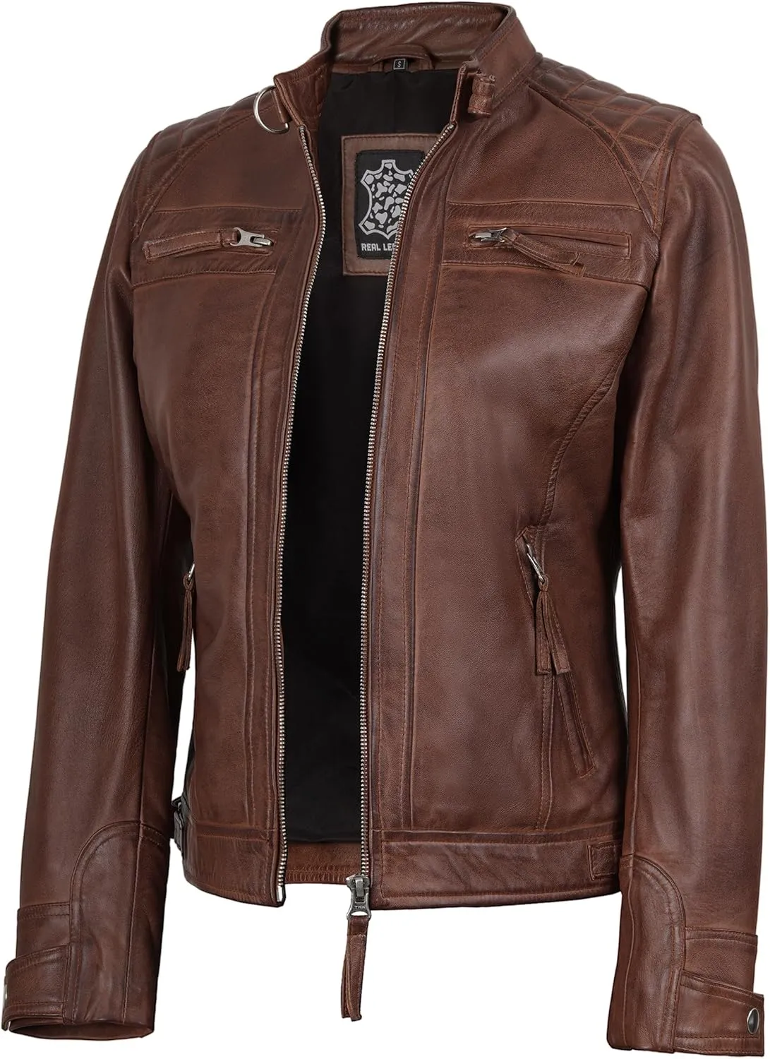 fjackets Real Leather Jacket Women - Cafe Racer Natural Grain Stand Collar Womens Leather Jackets