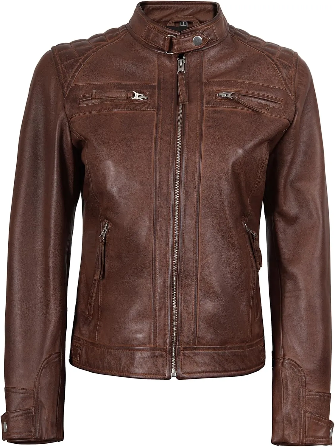fjackets Real Leather Jacket Women - Cafe Racer Natural Grain Stand Collar Womens Leather Jackets