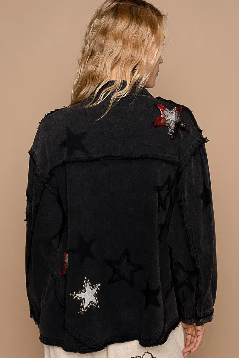 Getting Edgy Denim Star Patch Button Down Top | POL - Final Sale