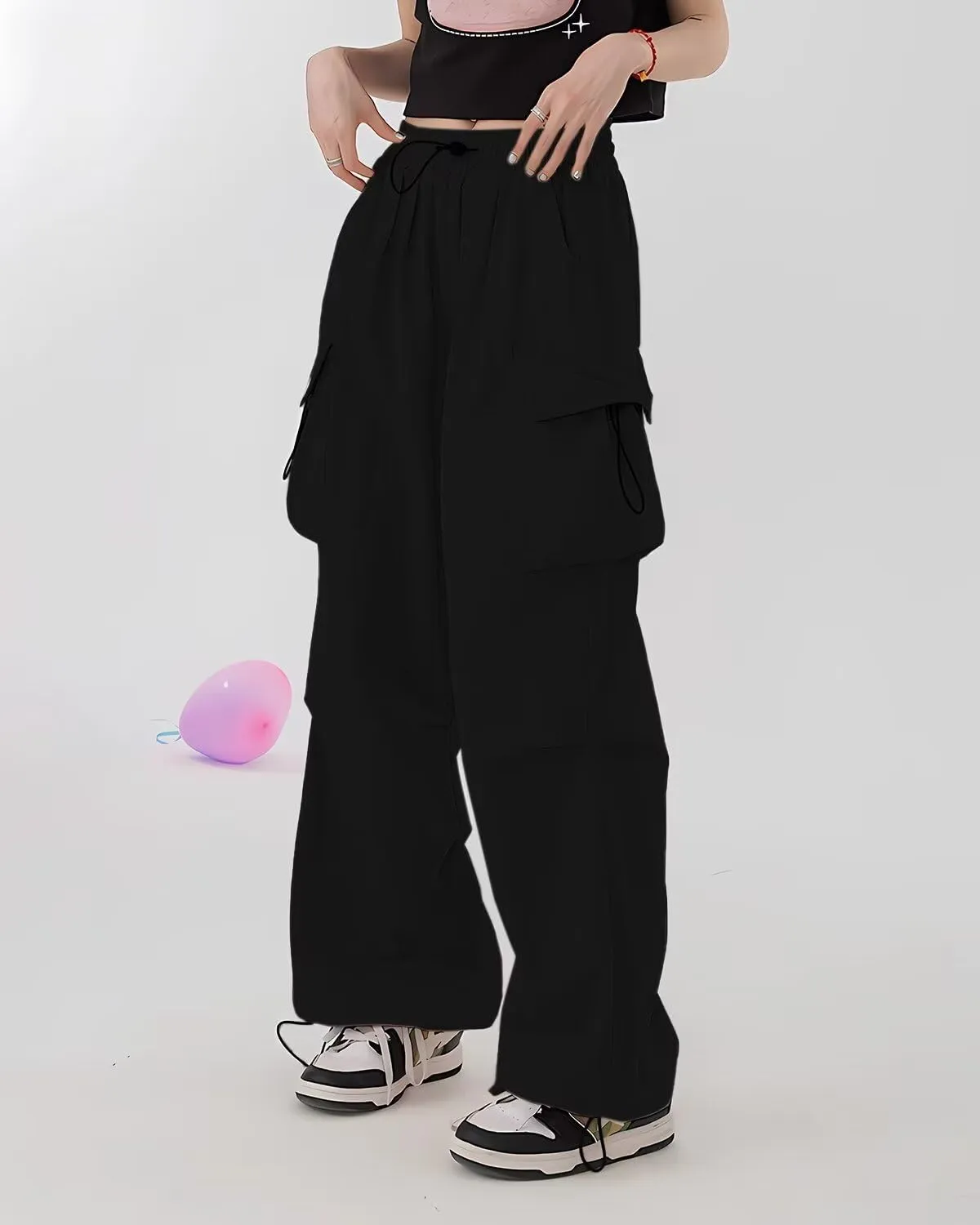 HENGAO Girls Cargo Pants Casual Jogger Loose Fit Streetwear Parachute Pants