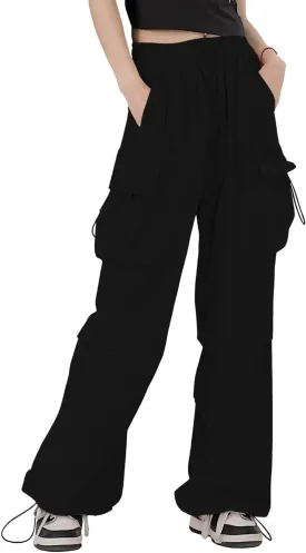 HENGAO Girls Cargo Pants Casual Jogger Loose Fit Streetwear Parachute Pants