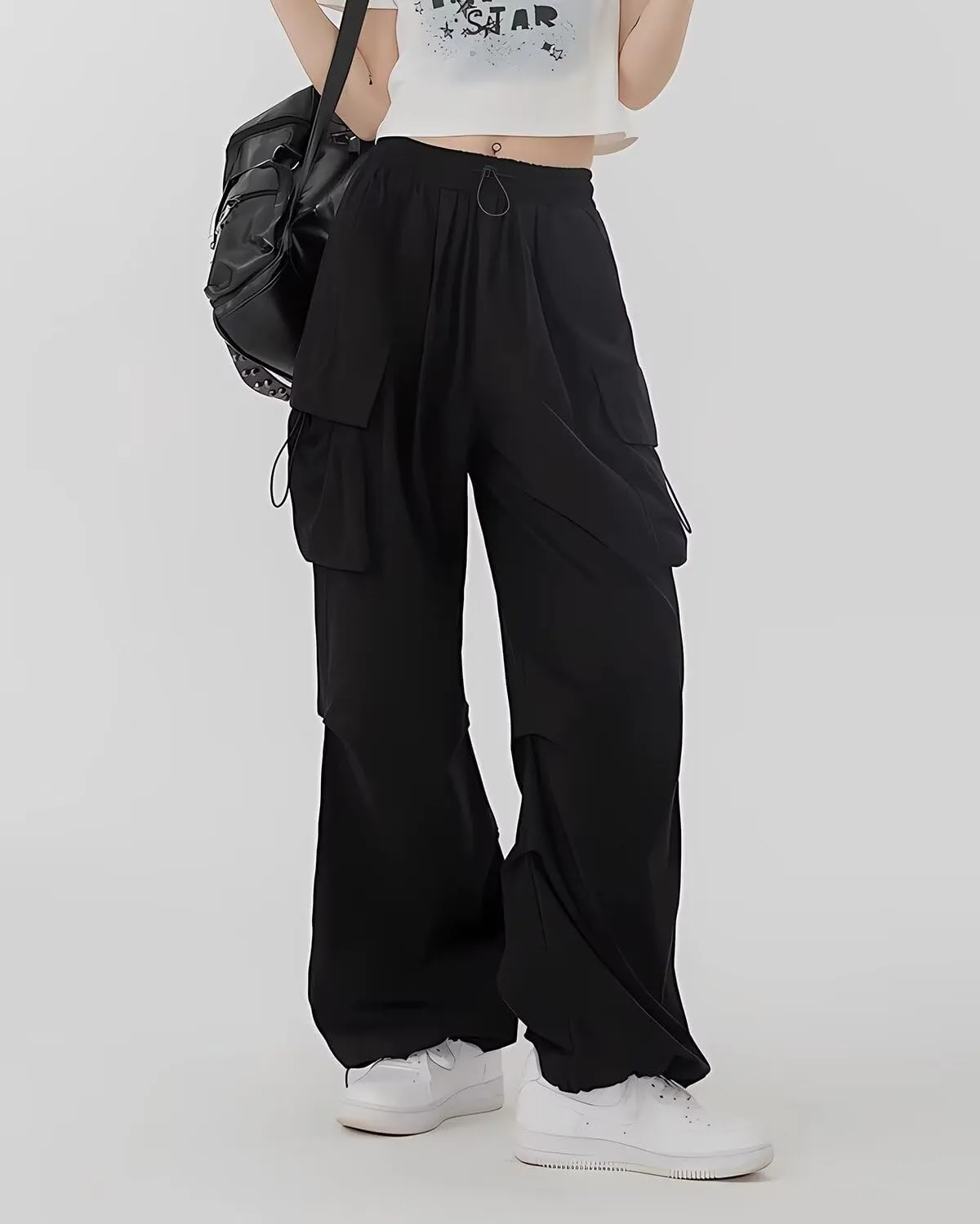 HENGAO Girls Cargo Pants Casual Jogger Loose Fit Streetwear Parachute Pants