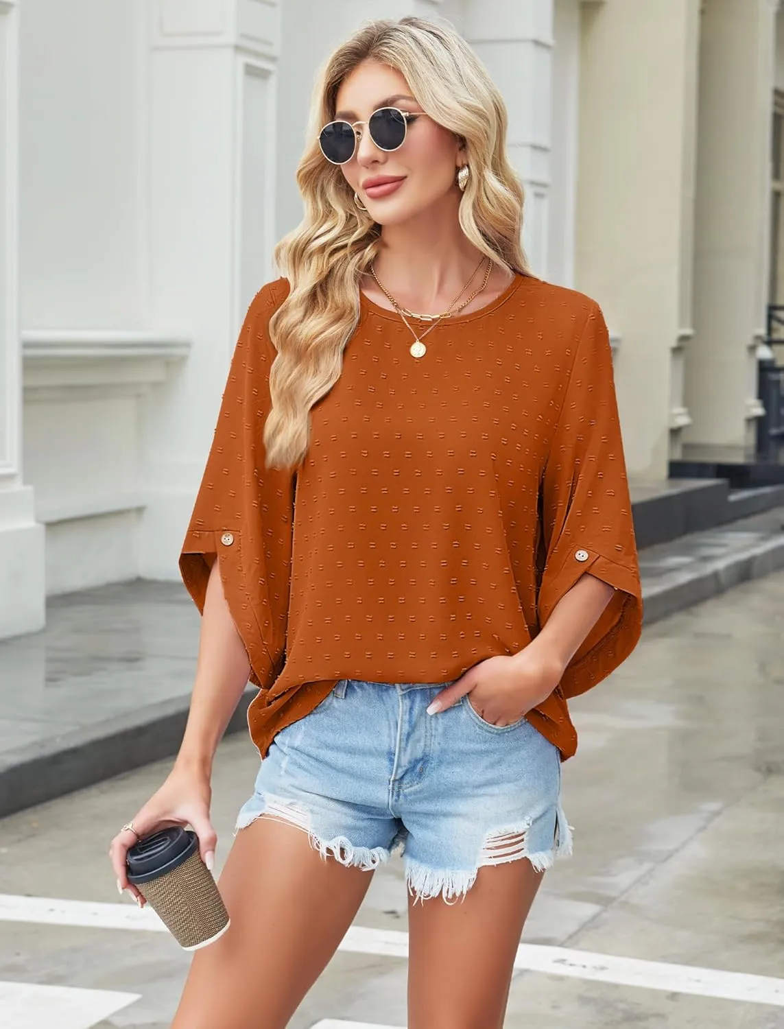JUSTFASHIONNOW Womens Tops Dressy Casual 3/4 Sleeve Blouses Summer Tops 2025 Trendy Swiss Dots Shirts