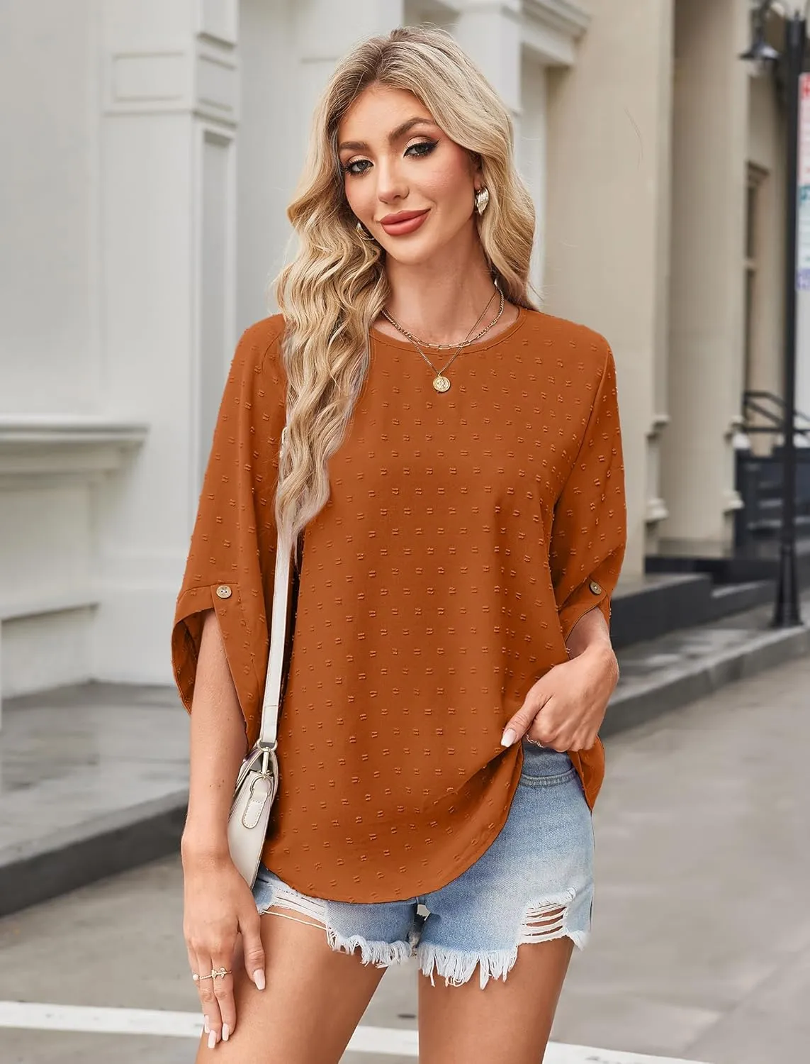 JUSTFASHIONNOW Womens Tops Dressy Casual 3/4 Sleeve Blouses Summer Tops 2025 Trendy Swiss Dots Shirts