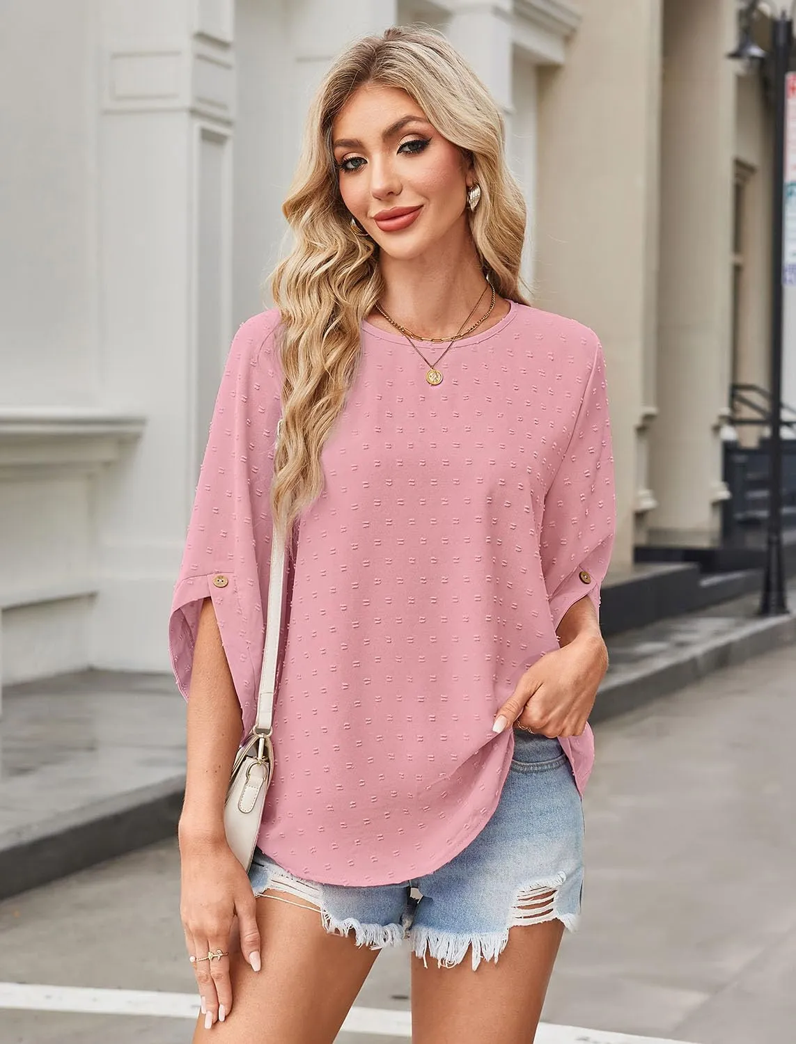 JUSTFASHIONNOW Womens Tops Dressy Casual 3/4 Sleeve Blouses Summer Tops 2025 Trendy Swiss Dots Shirts