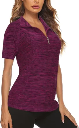 Koscacy Womens Quarter Zip Polo Shirts Short Sleeve Quick Dry Golf Tennis Athletic Tops (S-2XL)