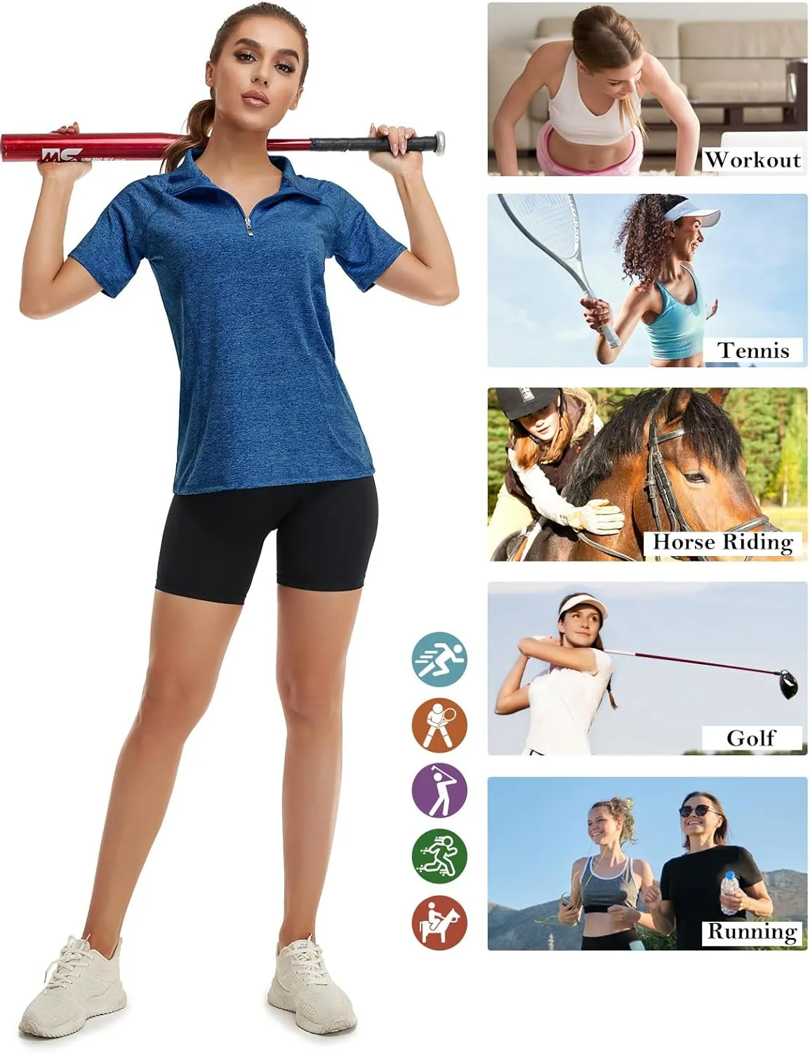 Koscacy Womens Quarter Zip Polo Shirts Short Sleeve Quick Dry Golf Tennis Athletic Tops (S-2XL)