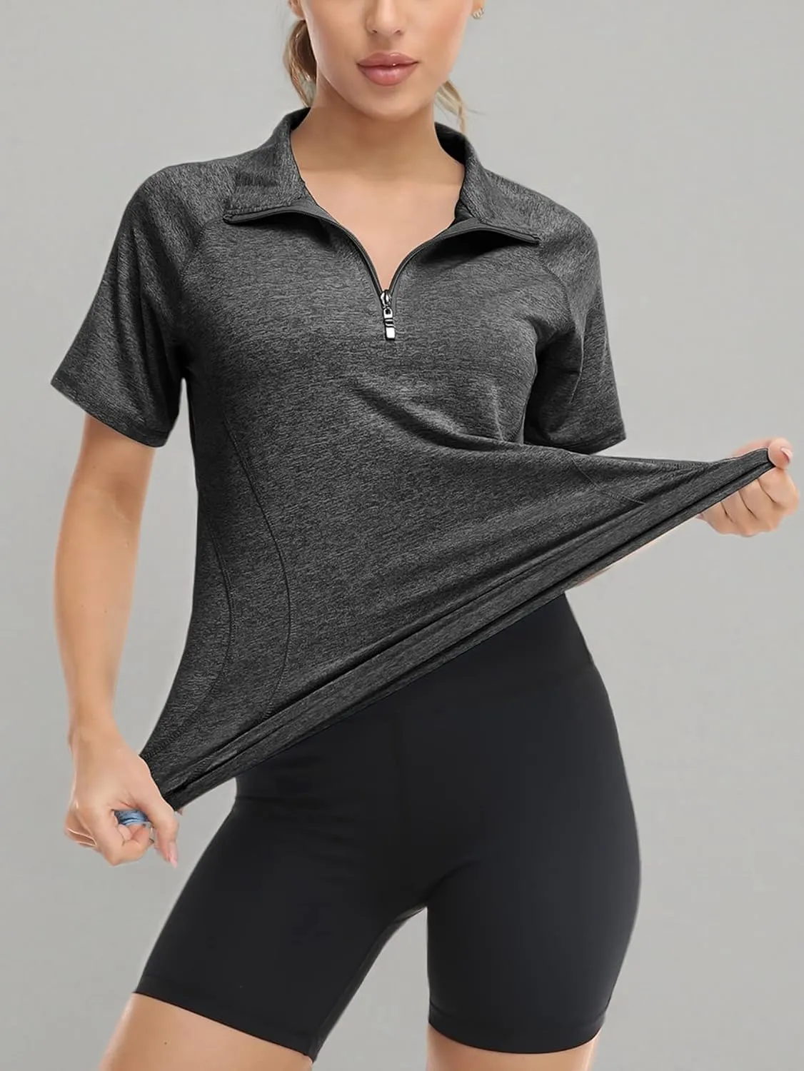 Koscacy Womens Quarter Zip Polo Shirts Short Sleeve Quick Dry Golf Tennis Athletic Tops (S-2XL)