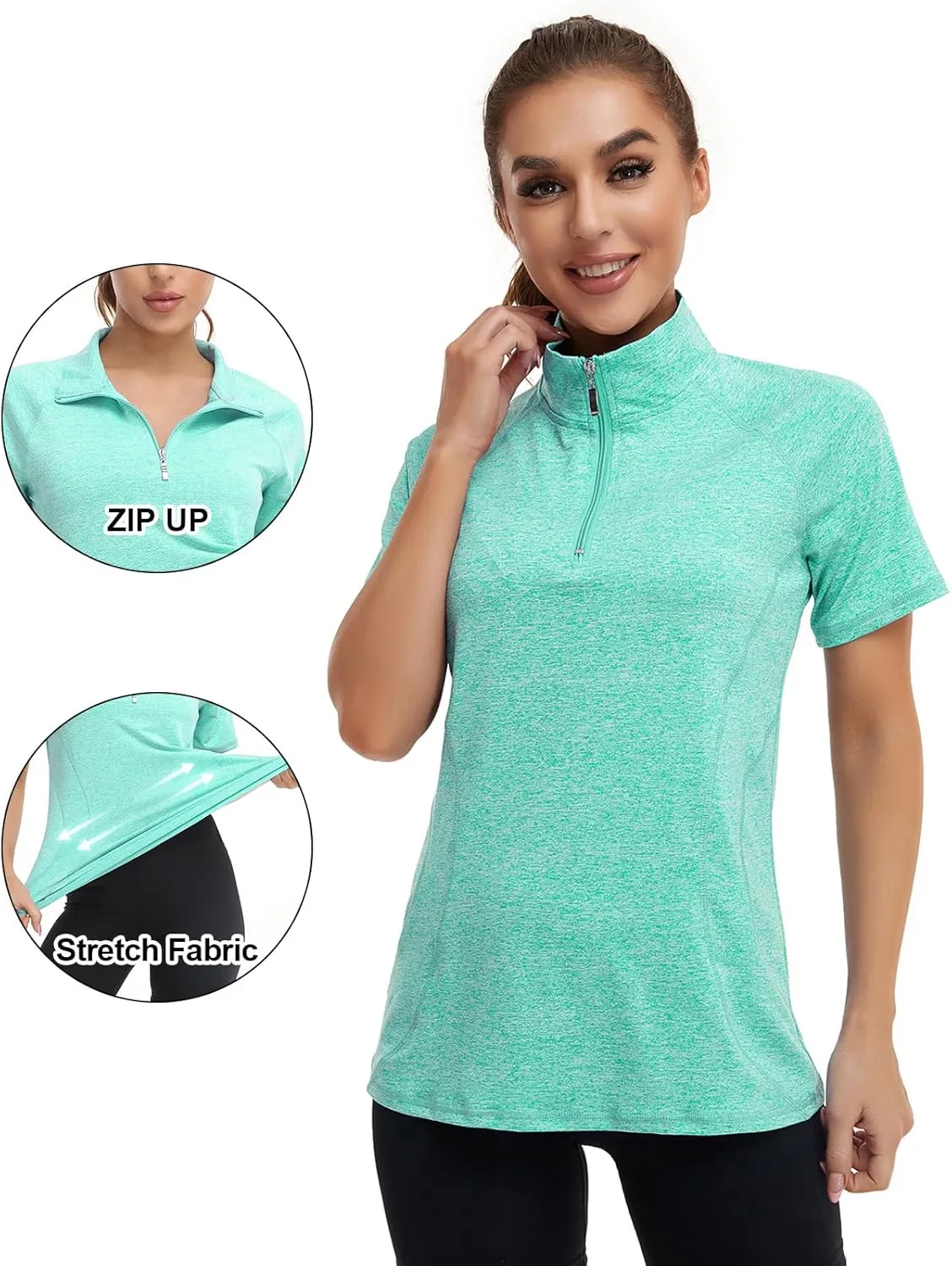 Koscacy Womens Quarter Zip Polo Shirts Short Sleeve Quick Dry Golf Tennis Athletic Tops (S-2XL)
