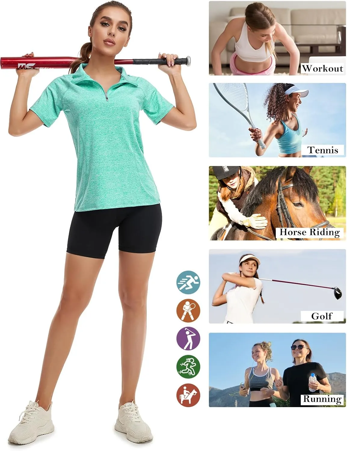 Koscacy Womens Quarter Zip Polo Shirts Short Sleeve Quick Dry Golf Tennis Athletic Tops (S-2XL)