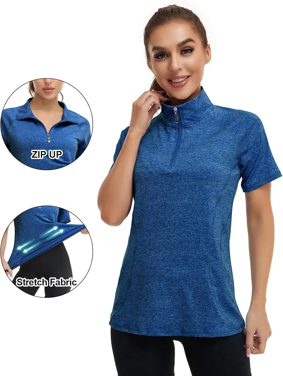 Koscacy Womens Quarter Zip Polo Shirts Short Sleeve Quick Dry Golf Tennis Athletic Tops (S-2XL)