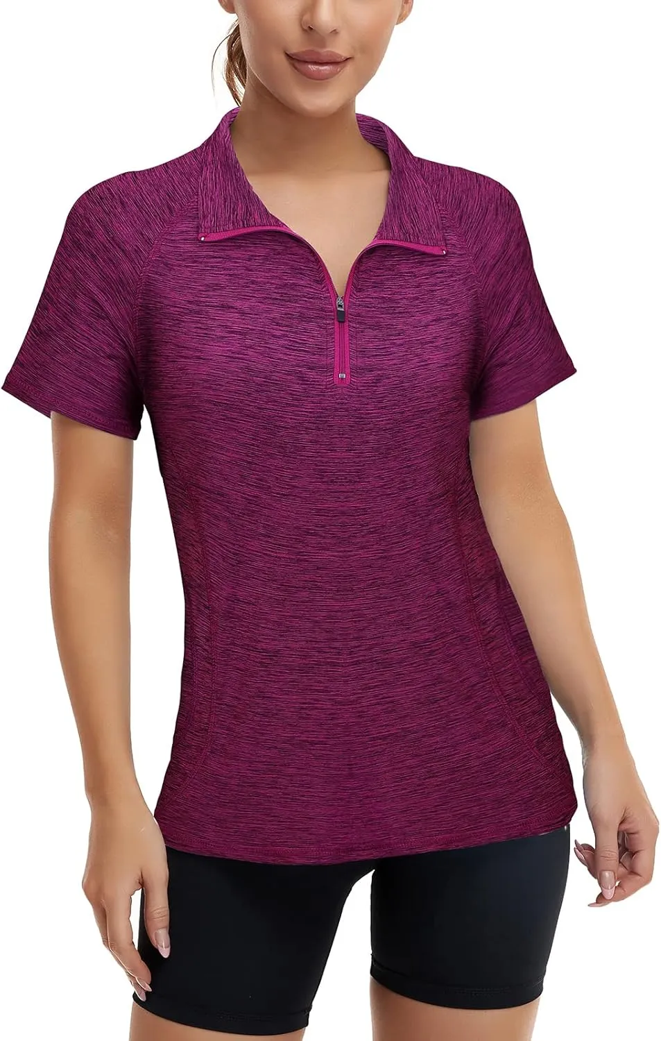 Koscacy Womens Quarter Zip Polo Shirts Short Sleeve Quick Dry Golf Tennis Athletic Tops (S-2XL)